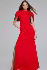 Model wearing Jovani 06538 elegant red floor-length dress with high neckline and cape sleeves.
