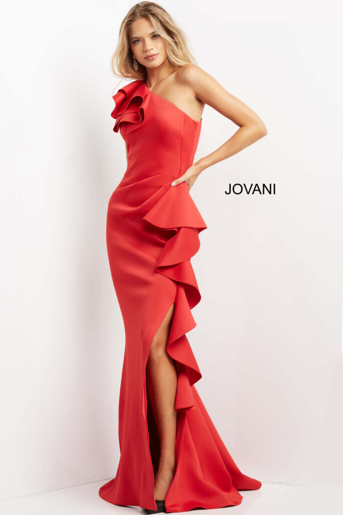 model wearing Jovani 06603 red gown highlighting one-shoulder design