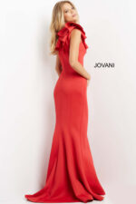 model in Jovani 06603 red gown from back with graceful silhouette