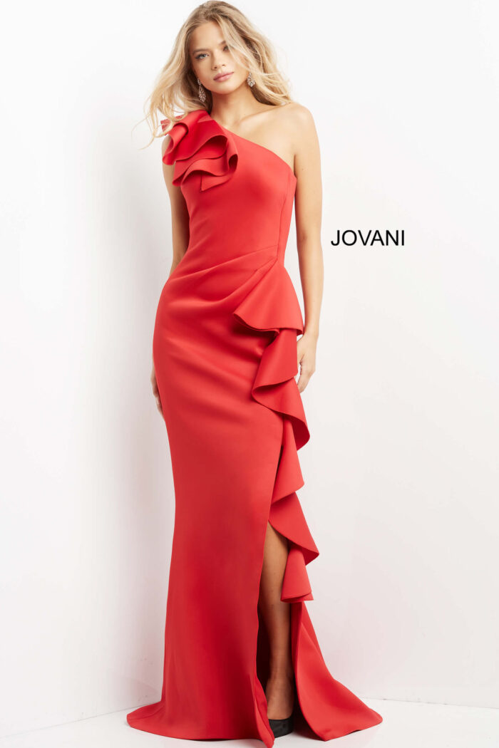 model wearing Jovani 06603 elegant red gown front view with ruffles