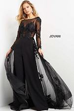 model wearing Jovani 06609 full-length black gown with sheer neckline