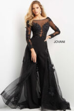 JOVANI SALE セクシレーストップロングドレス ブラック Jovani 06609 Black Lace Bodice Long Sleeve Jumpsuit | Jovani