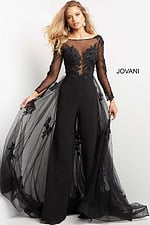 model wearing Jovani 06609 black gown featuring layered tulle overlay