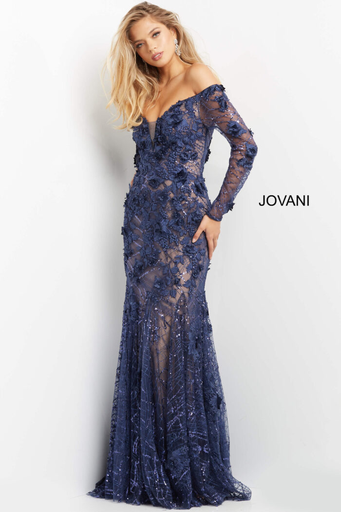 model wearing Jovani 06635 navy dress, front view
