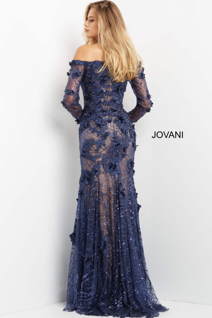 model wearing Jovani 06635 navy dress, back view