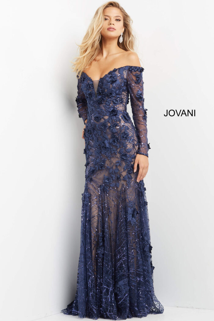 model wearing Jovani 06635 navy dress, front view