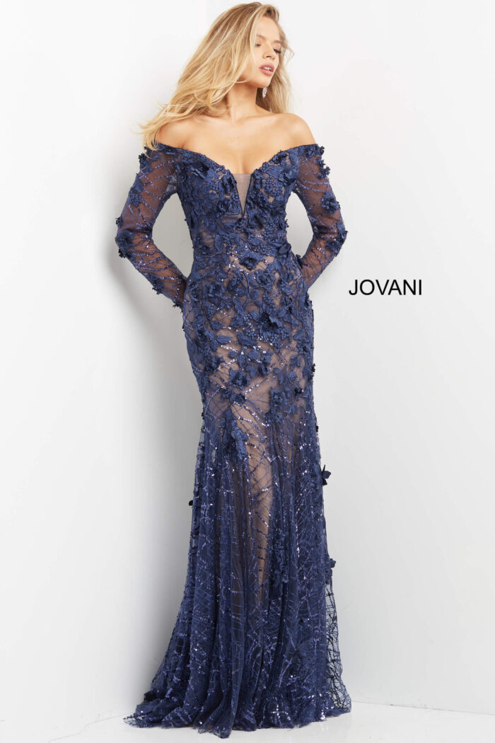 model wearing Jovani 06635 navy dress, front view