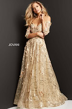 Model wearing Jovani 06636 beige dress, front view, off-the-shoulder, floral and sequin accents.