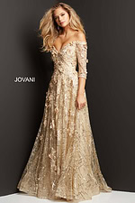 Model wearing Jovani 06636 beige dress, front view, off-the-shoulder, floral and sequin accents.