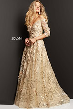 Model wearing Jovani 06636 beige dress, front view, off-the-shoulder, floral and sequin accents.