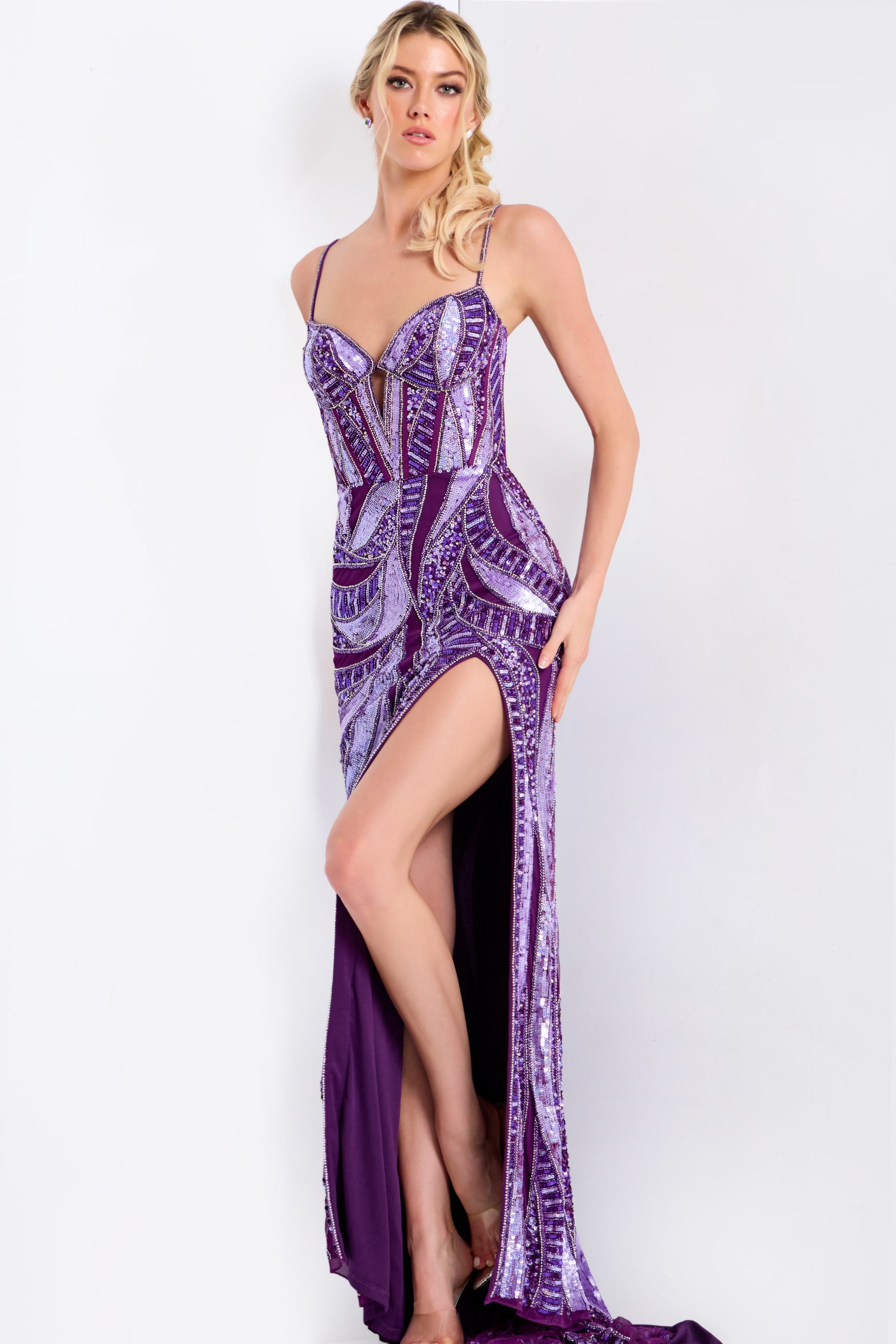 Sparkling purple formal dress with cut detail 49228
