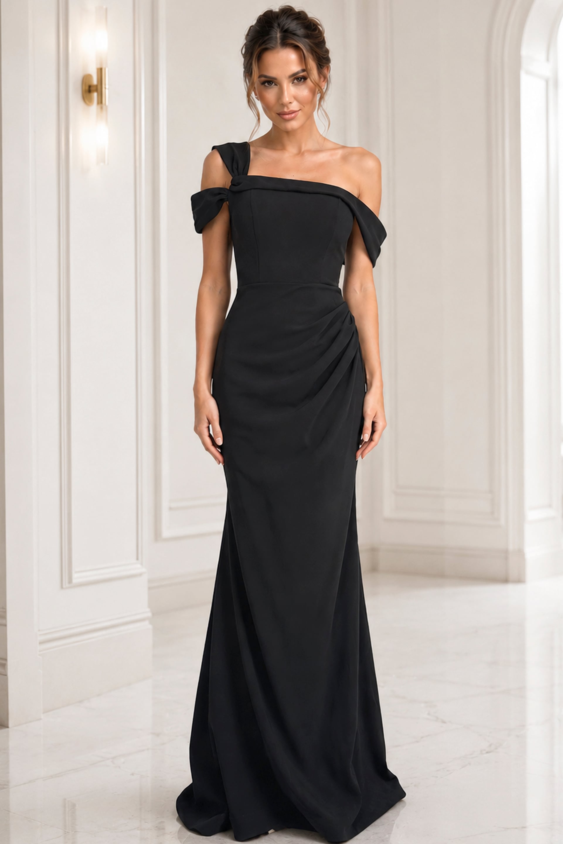 black fuchsia sheath off the shoulder evening dress - front full body, black, one-shoulder, ruched, fitted, elegant