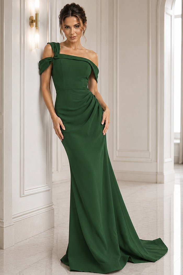 emerald fuchsia sheath off the shoulder evening dress - three quarter view, emerald, knotted off-shoulder, ruched waist, fitted column, subtle train
