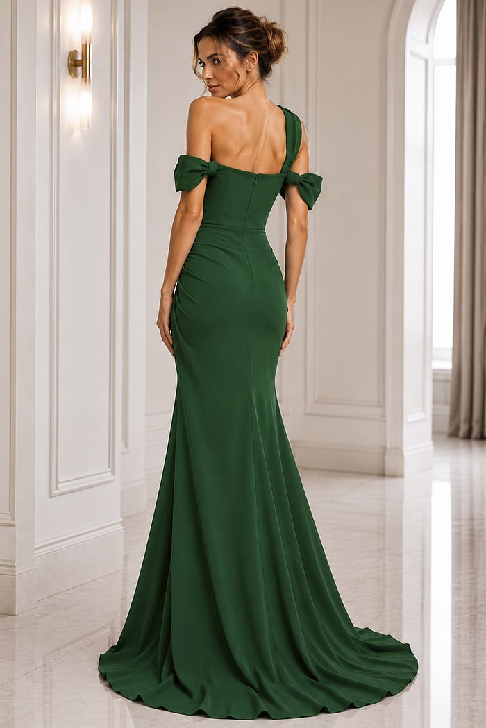 emerald fuchsia sheath off the shoulder evening dress - back view, emerald green, off-shoulder bows, mermaid silhouette