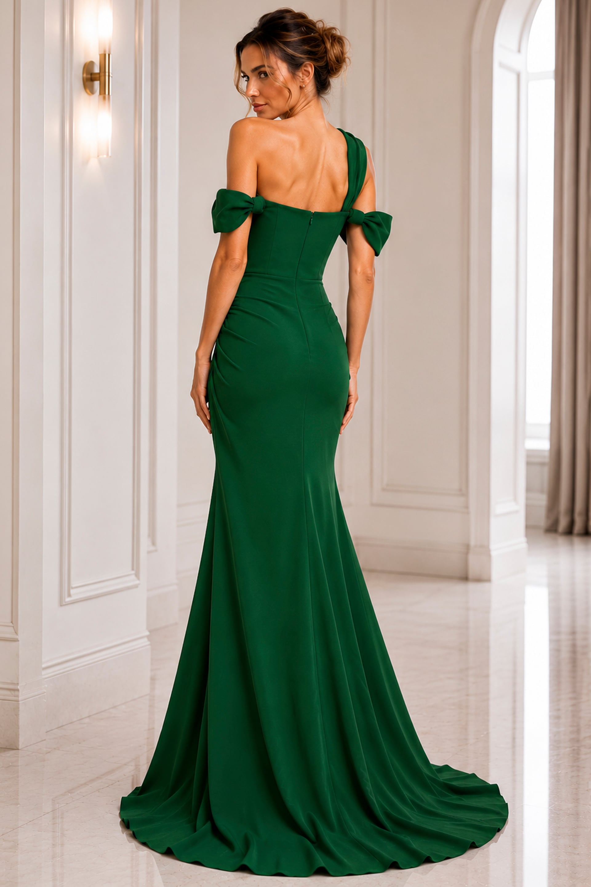 emerald fuchsia sheath off the shoulder evening dress - back view, emerald green, off-shoulder bows, mermaid silhouette