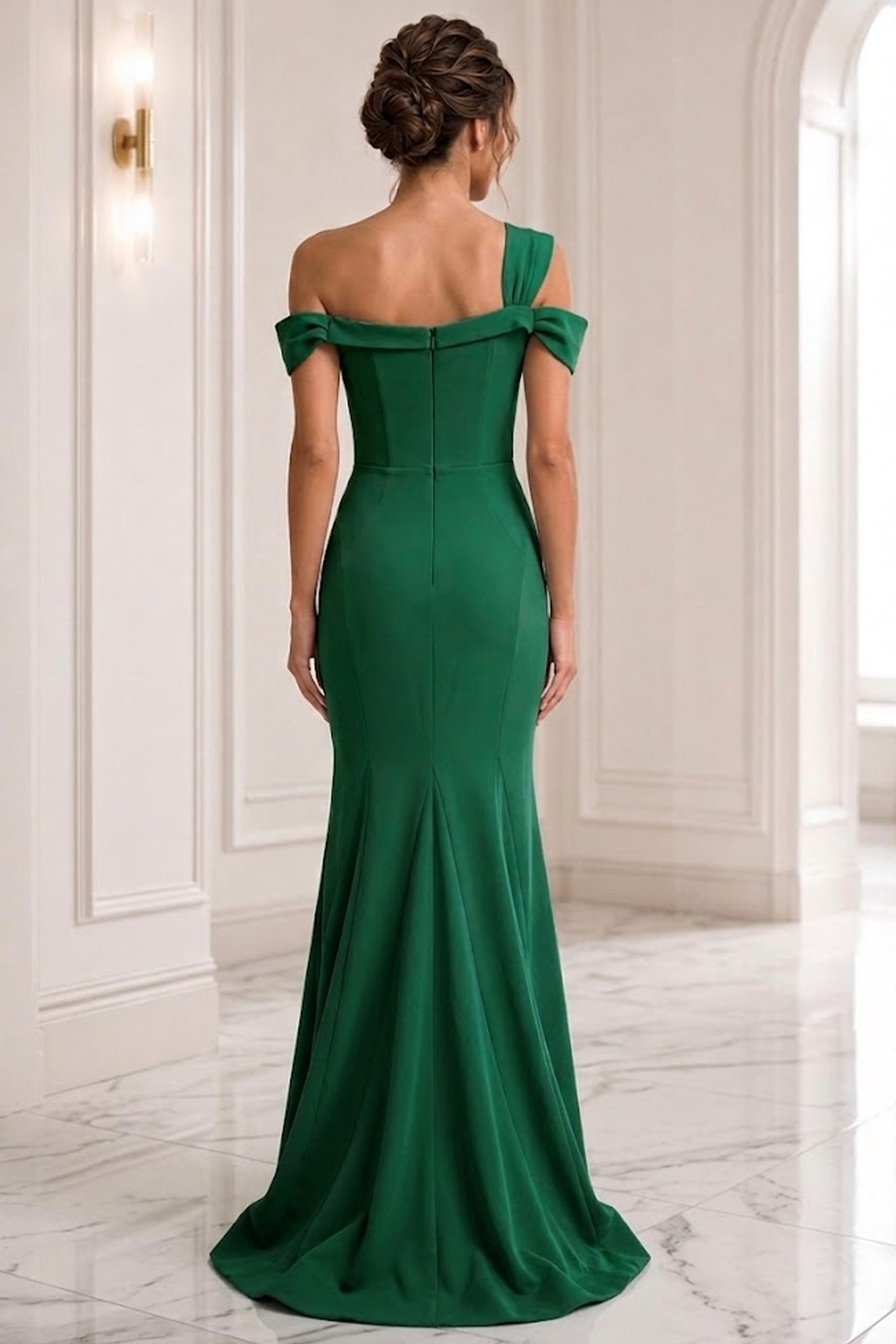 emerald fuchsia sheath off the shoulder evening dress - back view, green fitted off-shoulder mermaid gown