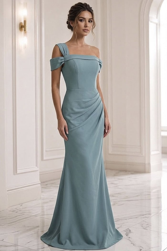 seafoam fuchsia sheath off the shoulder evening dress - front full body, dusty blue, one-shoulder, side ruching, trumpet