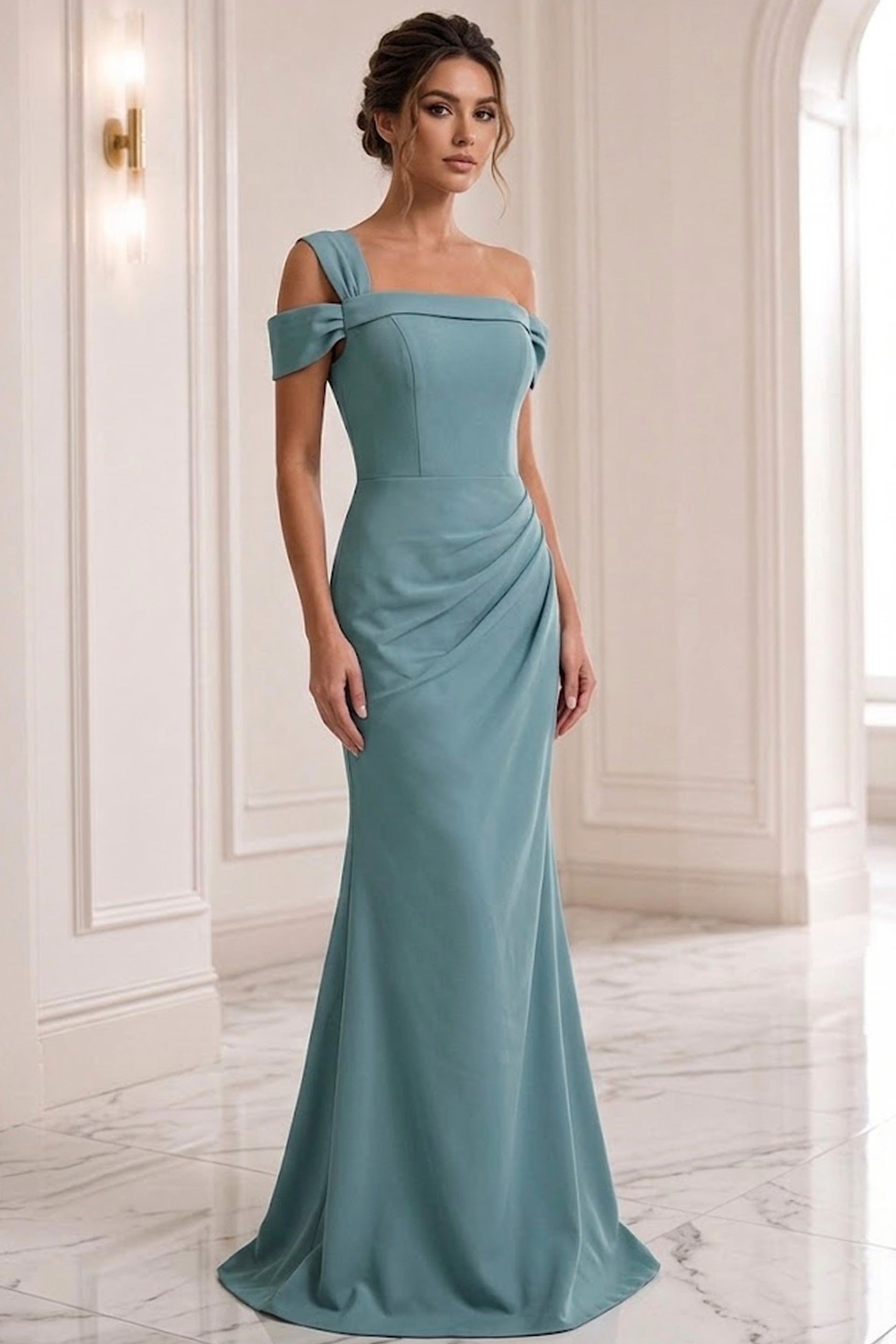 seafoam fuchsia sheath off the shoulder evening dress - front full body, dusty blue, one-shoulder, side ruching, trumpet