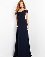 Model wearing Jovani 06746 navy off-the-shoulder floor-length gown.