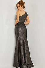Model wearing Jovani 06751 coffee gown, back view