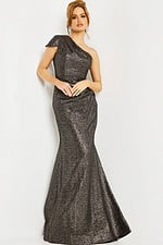 Model wearing Jovani 06751 coffee gown, full length