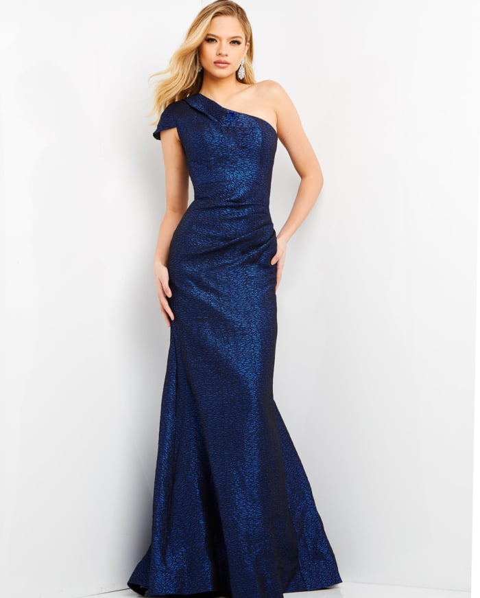 Model wearing Jovani 06751 cobalt gown, front view