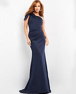 model wearing Jovani 06753 navy gown with mermaid silhouette and one-shoulder neckline
