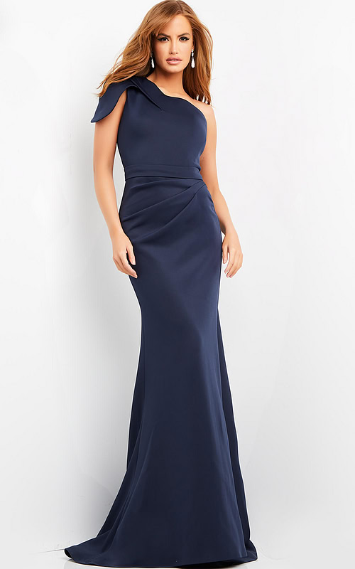 model wearing Jovani 06753 navy gown with mermaid silhouette and one-shoulder neckline