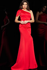 Model wearing Jovani 06753 red one-shoulder mermaid gown, front view with hand pose.