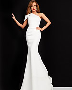 Model wearing Jovani 06753 white one-shoulder mermaid gown, front view.