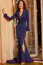 Model wearing Jovani 06774 navy dress, front view