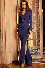 Model wearing Jovani 06774 navy dress, front view