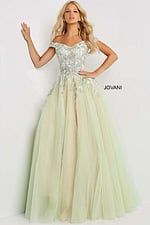 Model wearing Jovani 06794 off-the-shoulder ball gown with floral embroidery in multi colors, front view.