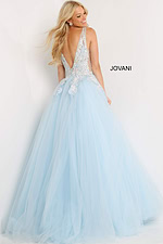 Model showing the back of Jovani 06808 blue gown with low back and floral lace, back view.