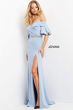 Model wearing Jovani 06830 light blue dress with off-the-shoulder neckline, front view.