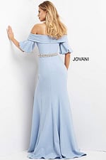 Back view of model wearing Jovani 06830 light blue dress, highlighting the gown’s flow.