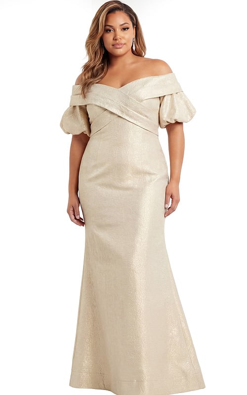 slim fit dress slacks Emely Plus Size Off Shoulder Gold Gown– Hello Curve main image 1