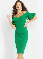 model showing 06832 green dress's off-the-shoulder design