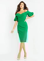 model in 06832 green dress demonstrating fitted silhouette