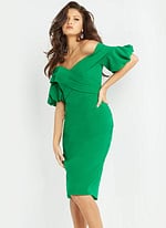 model showing 06832 green dress's flattering bodice