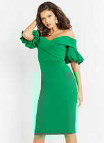 model in 06832 green dress highlighting off-the-shoulder neckline