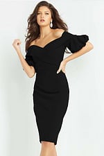 model wearing 06832 black off-the-shoulder dress with puff sleeves