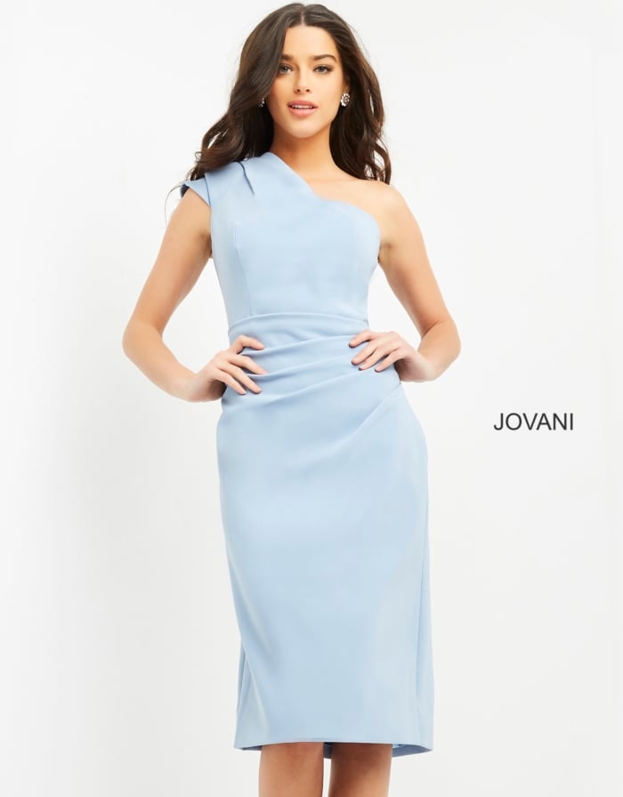 Front view of model in Jovani 06835 light blue dress