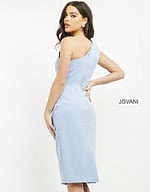 Back view of model wearing Jovani 06835 light blue dress