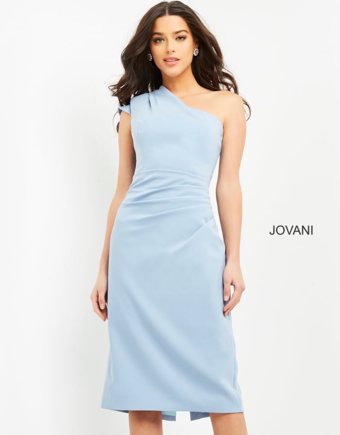Model wearing Jovani 06835 dress in light blue, full front view