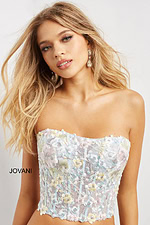 Close-up of strapless Jovani 06842 floral lace dress in multi-color.