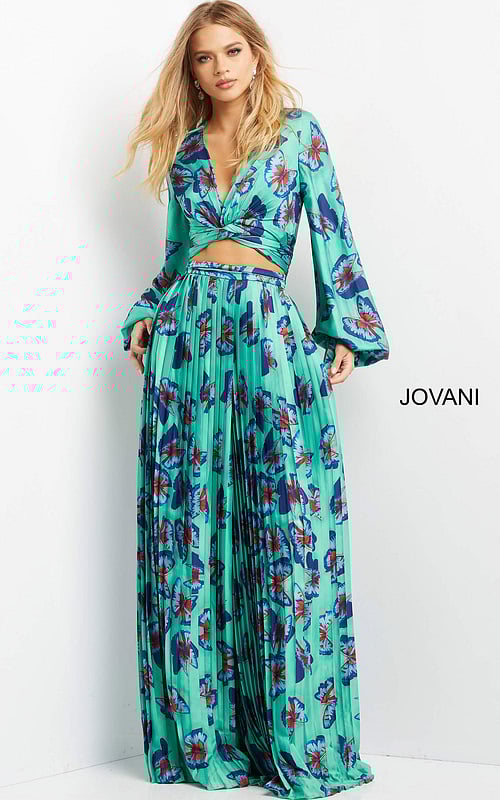 model wearing Jovani 06844, 07202 Print dress with V-neck and long sleeves front view