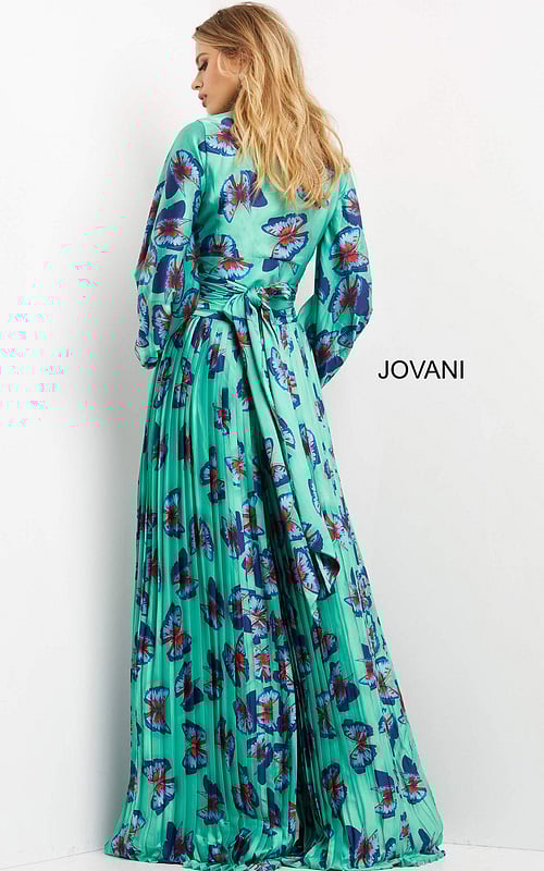 model wearing Jovani 06844, 07202 Print dress with V-neck and long sleeves front view