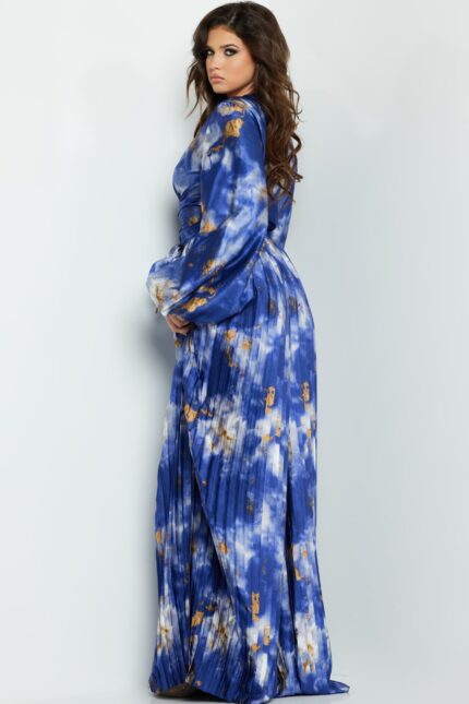 Model wearing Jovani 06849, 06850 seen from the back in multi-colored pleated dress.