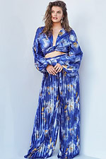 Model wearing Jovani 06849 and 06850 Print Two Piece Plus Size Contemporary Jumpsuit